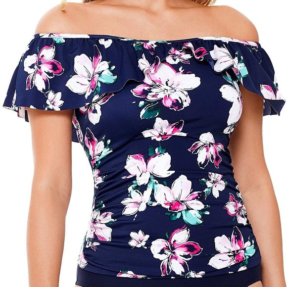 Swim Solutions Other - Off The Shoulder Ruffle Modest Tankini Swimsuit Top NWT
